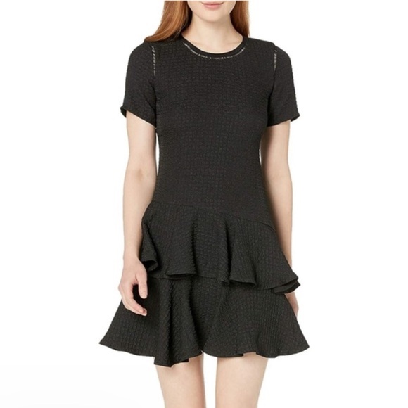 Rebecca Taylor Textured Jacquard Ruffle Tiered Mini Dress Black 2 Cocktail Chic - Picture 1 of 5